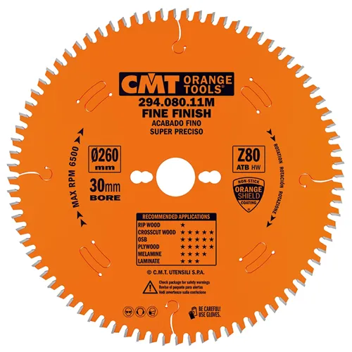 CMT Orange Fine Cut-off Saw Blade for Portable Machines - D260x2,5 d30 Z80 HW -5°Neg