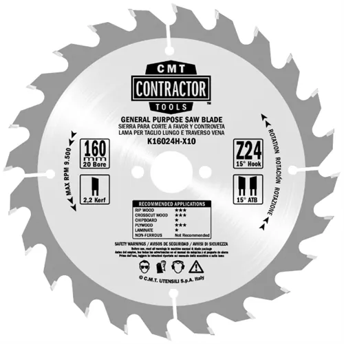CMT Contractor Saw Blade for Wood - D160x2,2 d20 Z40 HW