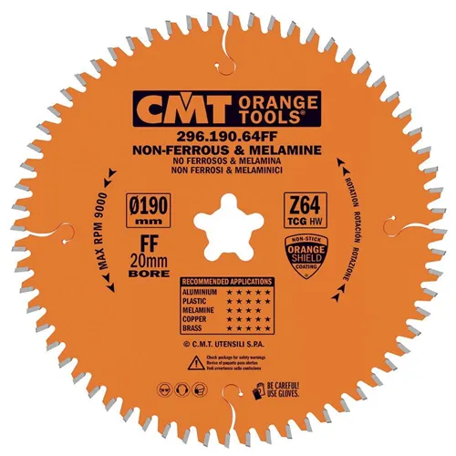 CMT Orange Saw Blade for Laminated Board, Non-ferrous Metal, Plastic - D190x2,8 d20 Z64 HW Festool