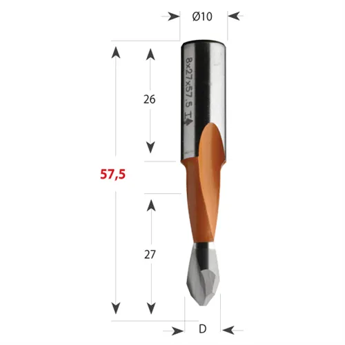 Dowel Drill 313 Xtreme for Through holes S10 L57,5 HW - D5x27 S=10x26 L57,5 RH