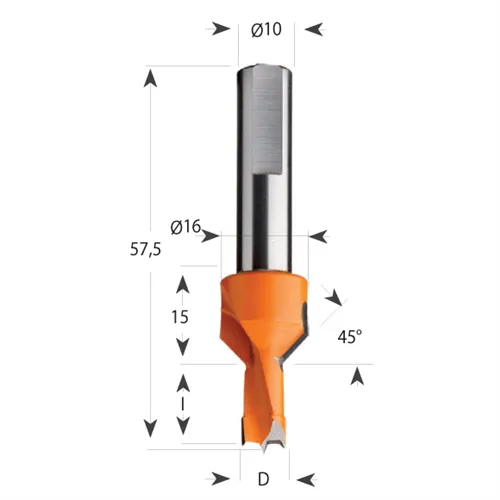 Dowel Drill 376 with Countersink S10 L57,5 HW - D10x20 S=10 L57,5 LH
