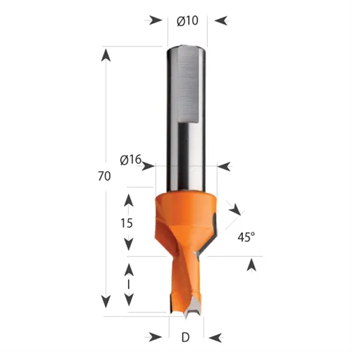 Dowel Drill 377 with Countersink S10 L70 HW - D10x15 S=10 L70 RH