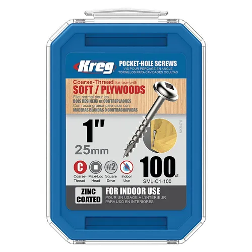 Kreg Zinc Maxi-Loc Pocket-Hole Screws - 25 mm, coarse thread, 100 pcs