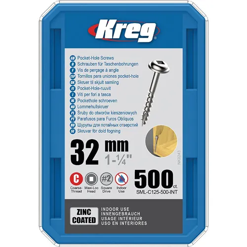 Kreg Zinc Maxi-Loc Pocket-Hole Screws - 32 mm, coarse thread, 500 pcs